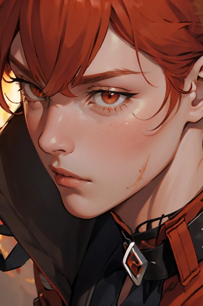 (masterpiece, best quality), 1 male, mature, aged up:1.4, tall muscular guy, broad shoulders, finely detailed eyes and detailed face, extremely detailed CG unity 8k wallpaper, intricate details, Fantasy, red hair, red flowers background,diluc (genshin impact), red eyes, ((red and orange bird feathers made of fire flying around him, lots of fire feathers)), red leather jacket, black collar, high ponytail red hairб cinematic shot, dynamic pose