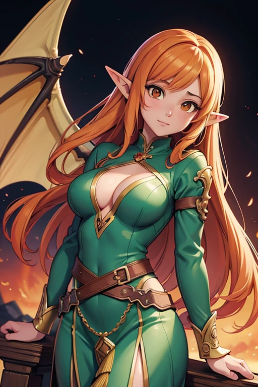 vintage anime elf girl with dragon wings, fantasy art style, extremely detailed artgerm, detailed digital anime art, anime fantasy illustration, beautiful character painting,  artgerm on artstation pixiv, 2. 5 d cgi anime fantasy artwork, orange long hair, medium breast, hazel eyes,  looking towards the viewer,  (best quality, top quality, ultra detailed, high-resolution, HDR, beautiful detailed, masterpiece, 2,5d)