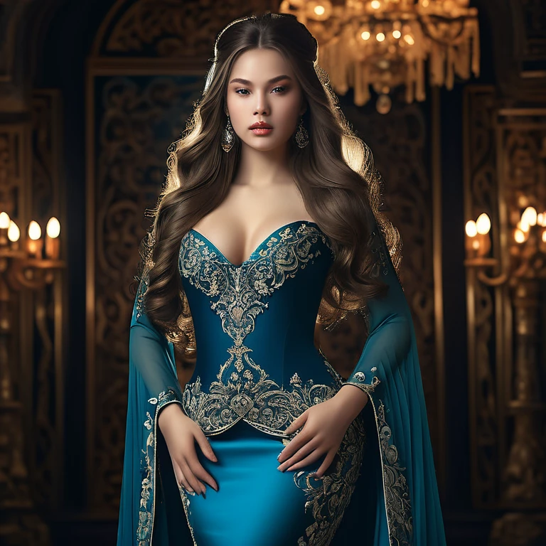 a beautiful woman with wide hips, small waist, large buttocks, detailed facial features, flawless skin, long flowing hair, elegant posture, ornate jewelry, intricate dress, mysterious gaze, photorealistic, cinematic lighting, dramatic colors, fantasy art style