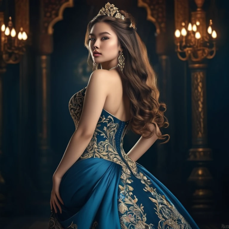 a beautiful woman with wide hips, small waist, large buttocks, detailed facial features, flawless skin, long flowing hair, elegant posture, ornate jewelry, intricate dress, mysterious gaze, photorealistic, cinematic lighting, dramatic colors, fantasy art style