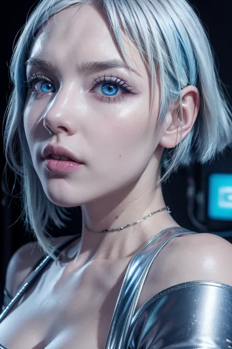 Lucy from cyberpunk anime, realistic, age 25, pure white skin, blue pupils, white bob hair, perfect face, perfect size body, per...