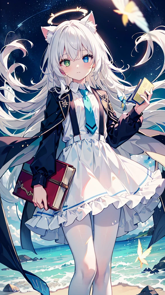 White pantyhose，White hair，wistful look，Long hair，Cat ear，Heterochromia（Left blue right yellow），Female face，There are bright spots in the eyes，flat chest，blue halo，night，fly，Starry Sky，Blue tie，Holding a book with a blue cover，dress，Suspenders，White Cape，Light