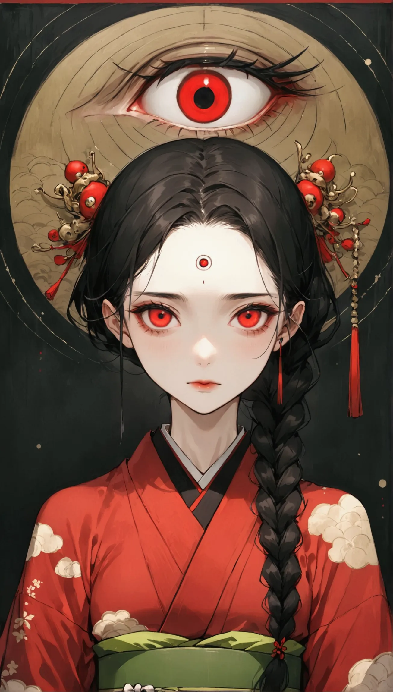 (((1 girl，double braid，独奏，third red eye on the forehead，))),(((gorgeous japanese red kimono：1.6，eye diagram，dark pattern))).(((t...