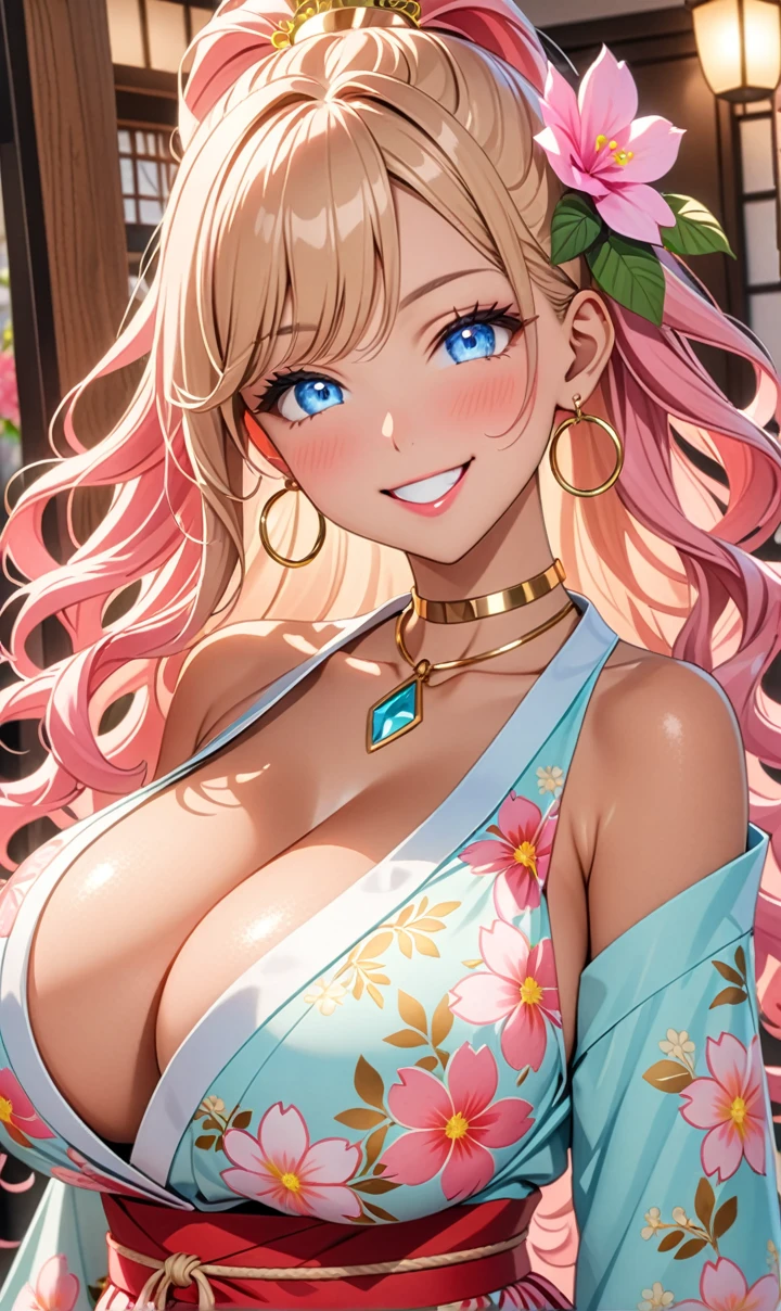 ultra-detailed, ((one girl)), (portrait), (tan skin:1.4), in pastel colors gyaru, (heavy makeup), (professional lighting) hyper detailed, absurdres, 8k, Beautiful Face, (Laugh shyly), ((teasing smile:1.6)), ((happy smile:1.5)),  ((Wink:1.6)), (Laugh with your mouth wide open),((Tilt your face:1.6)), View your viewers, ((Bright red cheeks:1.6)),Glossy shocking pink lips, ((huge breasts:1.6)),  ((undressing)), noon, summer, Ekiben shop, Anime style background)),masterpiece, Highest quality, (Brighten your face), so beautiful,Latest, Complex details, ((fluorescent pink long nail:1.2)), (ring),(bracelet), (Floral Choker),AI-generated, Complex,High resolution, Highest quality, super high quality,3D Images、3D Images,One person, (blond long hair), (High Ponytail), (wavy hair:1.4), Anime woman posing for a photo, ((Fine grain、blue eyes、glowing eyes:1.4)), (Squint your eyes:1.1),a hyperRealistic , hyperRealistic , Realistic,Long blonde anime woman, Smooth anime CG art, A girl in a gorgeous pastel-colored kimono, ((Pastel-colored furisode)),(Pink large floral pattern),  (sideboob), Long flower hair ornament,large gold hoop earrings, Mature Body, tall,Narrow waist, front view,(dutch angle), ((upper body)), 