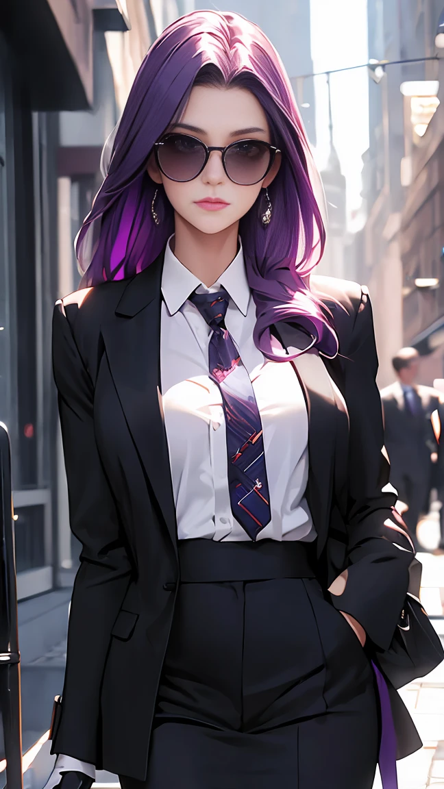 highest quality,masterpiece,High resolution,only,{Black business suit:1.40},{tie:1.20},{sunglasses:1.25},{White gloves:1.15},{ White shirt:1.10}, {Black Skirt:1.15}, good looking, {Medusa_FGO:1.15}, length_hair, purple_hair, very_length_hair, purple_eye, chest, big_chest