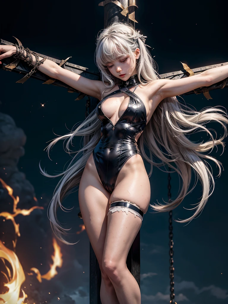 （（high quality、masterpiece、detailed、normal body、５This finger、precise、delicate））、Magical girl（（silver hair、Colored leotard armor with white as the base color、super uper high leg、transparent leotard、iron collar、torn leotard、torn leotard、Estrus、Aphrodisiac effect、Erogenous zone sensitivity 100 times、nipple erection、clitoral erection、orgasm、Pupil is heart））、Defeated heroine、The leotard is torn and there is a hole.、Stretch your arms from side to side、defeated and crucified、crucified on the cross、Crucifixion in chains、restrained by chains、open your mouth、shortness of breath、white breath、A sweet sigh、Ahe face with white eyes turned、slave collar、leash collar、strict collar、iron collar、Slave Fall、fall of pleasure、belly exposed、Dirty crest on the abdomen、The lewd crest shiney body is on fire、rotor on nipple、rotor on clitoris、Orgasm brings you to the height of happiness