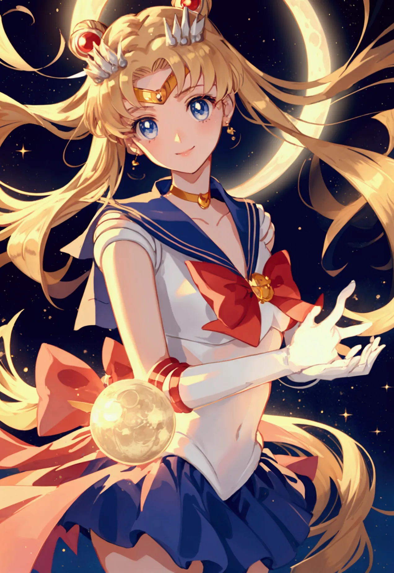 sailor moon, 1 girl, blue eyes, long blonde hair, sailor suit, moon tiara, holding a moon stick, stading on the moon, earth in t...