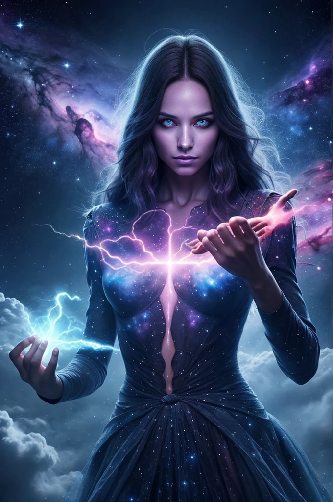 Nebula sorceress A woman with eyes that glow like dying stars, her hands wreathed in nebulous clouds, casting spells that shape the very fabric of space and time.