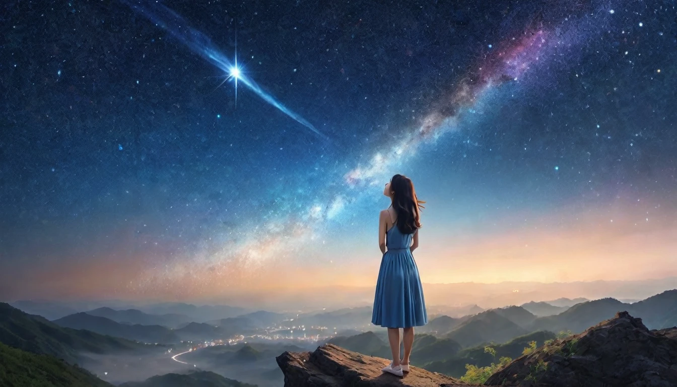 a woman looking up at the stars in the sky, floatiung in front of a nebula, falling star on the background, guangjian huang, looking to stars, many stars in sky, starry sky 8 k, shooting star in background, girl looks at the space, during a meteor storm, stars in sky, female actress from korea, meteor shower