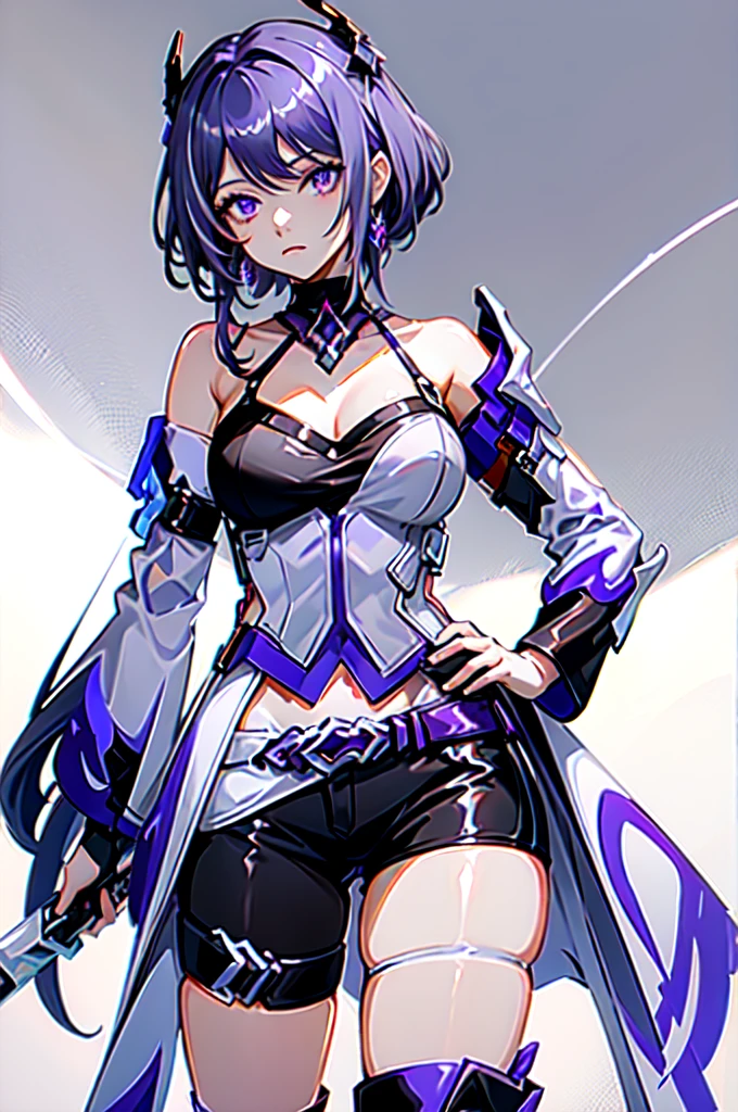 acheron, 1girl, solo, purple hair, purple eyes, hair over one eye, white acheron outfit, standing, facing viewer,  hand on hip,  . hair ornament, white background:1.2,