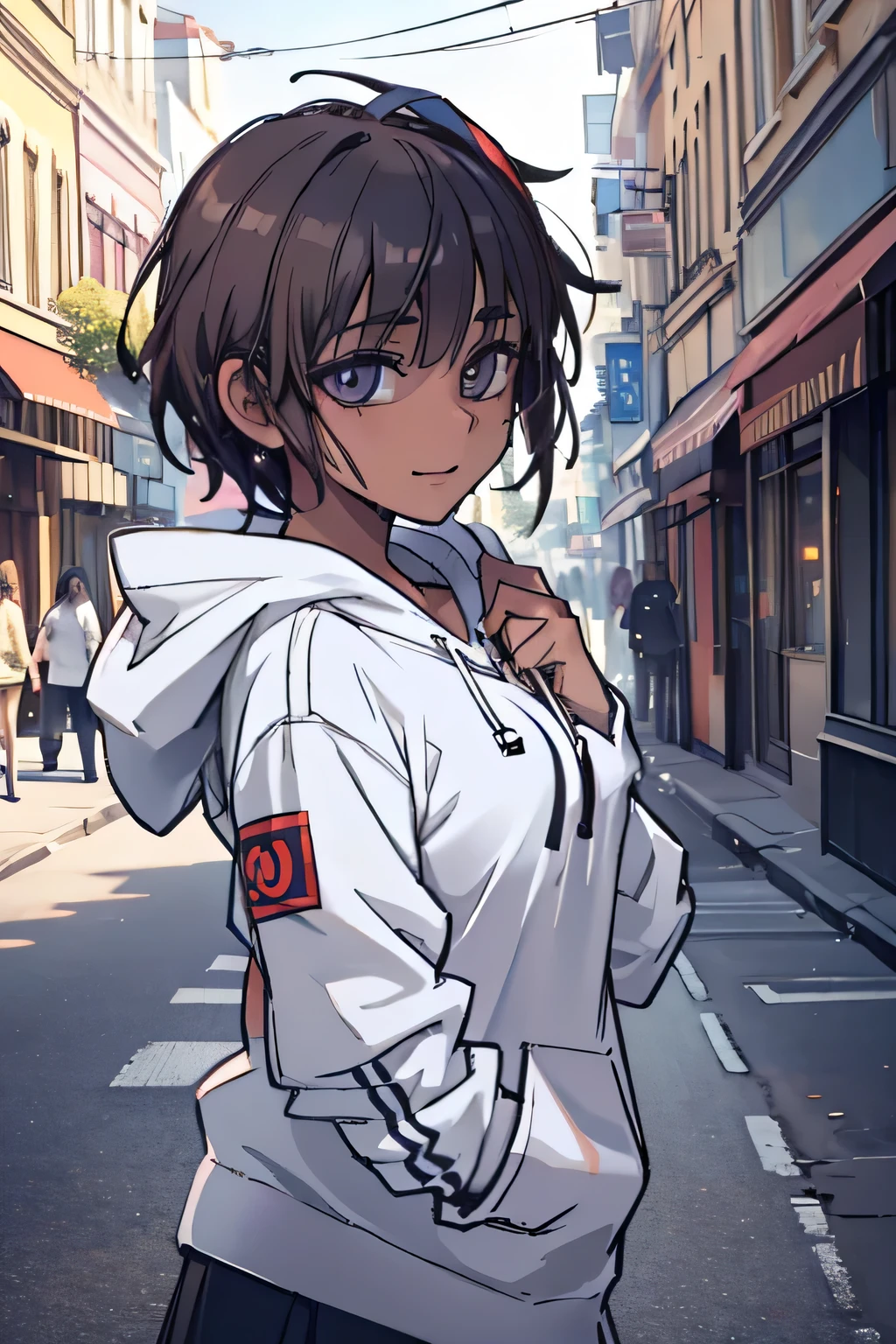 A cute girl in a hoodie, middle short brown hair, smiling, street fashion, elementary school student, (best quality,4k,8k,highres,masterpiece:1.2),ultra-detailed,(realistic,photorealistic,photo-realistic:1.37),detailed eyes,detailed lips,extremely detailed face,longeyelashes,intricate details,warm lighting,soft focus,vibrant colors,cute,adorable,elegant