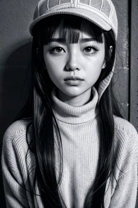 1girl, chichi, serious face,solo, monochrome, greyscale, long hair, portrait, turtleneck, closed mouth, bangs, looking at viewer...