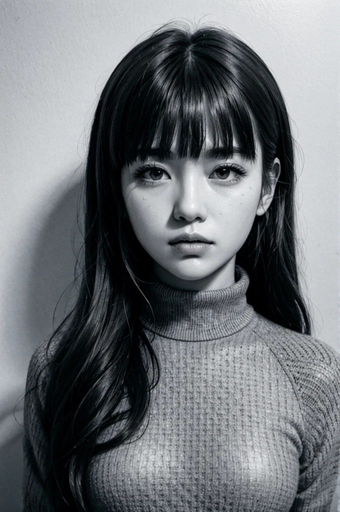 1girl, chichi, serious face,solo, monochrome, greyscale, long hair, portrait, turtleneck, closed mouth, bangs, looking at viewer, blunt bangs, sketch, graphite \(medium\), lips, hatching \(texture\)