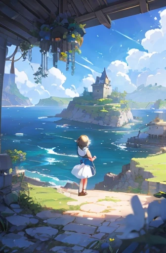 (masterpiece, Highest quality), sea float island , Mysterious Island ,ancient castle, (1animegirl)