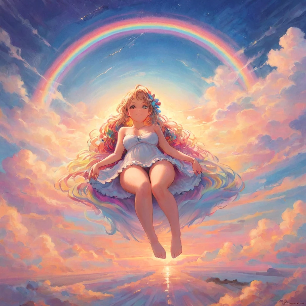 A stunningly ethereal woman, composed of a dazzling array of rainbow hues, reclines gracefully at the end of a radiant rainbow amidst the fluffy clouds in the sky. Bathed in dynamic and enchanting lighting, accentuates her vibrant, full-bodied form. Fantasy art. Masterpiece 