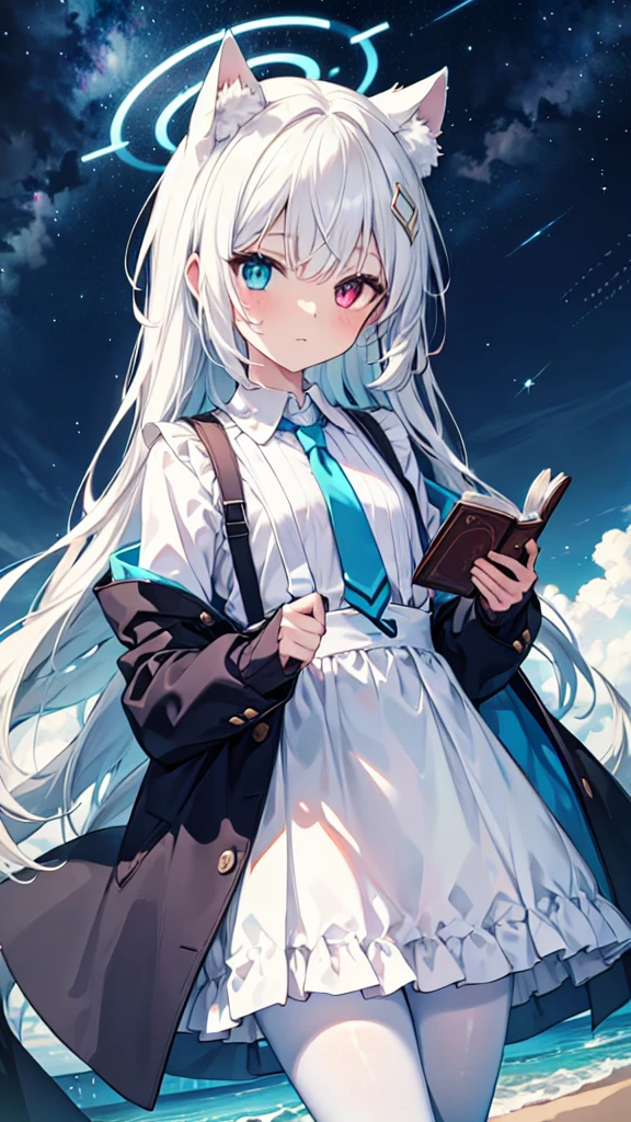 White pantyhose，White hair，wistful look，Long hair，Cat ear，Heterochromia（Left blue right yellow），Female face，There are bright spots in the eyes，flat chest，blue halo，Day and night mix，Fly in the sky，Starry Sky，Blue tie，Holding a book with a blue cover，dress，Suspenders，White Cape，Light