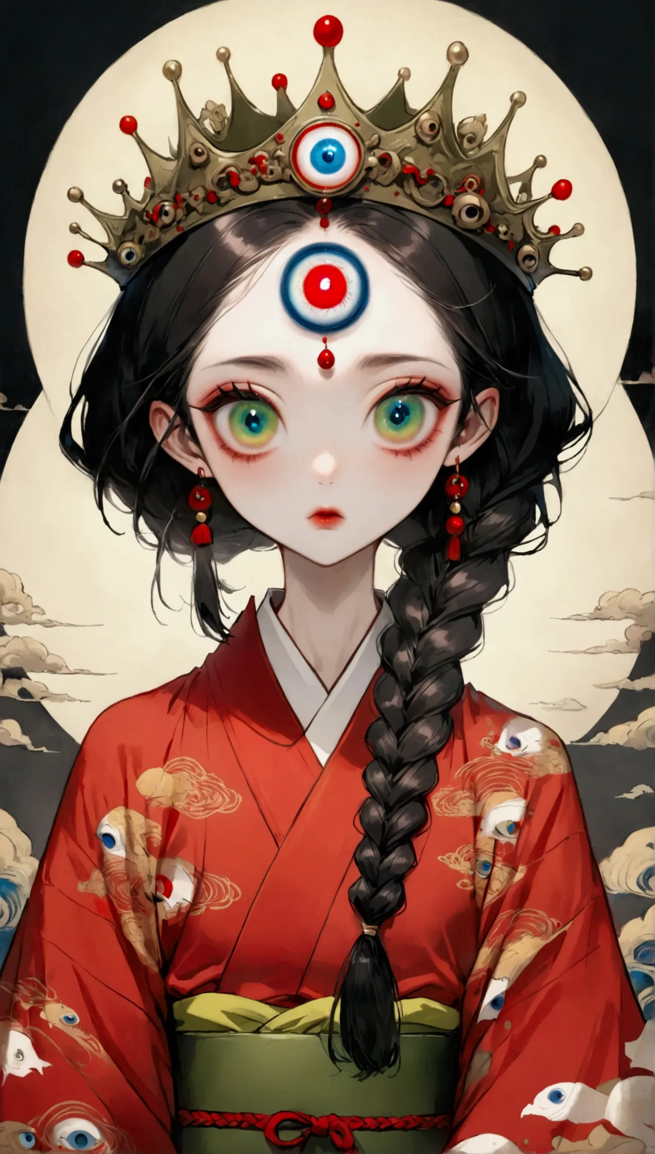 art illustration，dark style，(((1princess wearing a crown，double braid，独奏，third eye on the forehead，big eyes))),(((gorgeous japan...