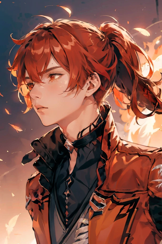 (masterpiece, best quality), 1 male, mature, aged up:1.4, tall muscular guy, broad shoulders, finely detailed eyes and detailed face, extremely detailed CG unity 8k wallpaper, intricate details, Fantasy, red hair, red flowers background,diluc (genshin impact), red eyes, ((red and orange bird feathers made of fire flying around him, lots of fire feathers)), red leather jacket, black collar, high ponytail red hair ((((flying red feathers))))