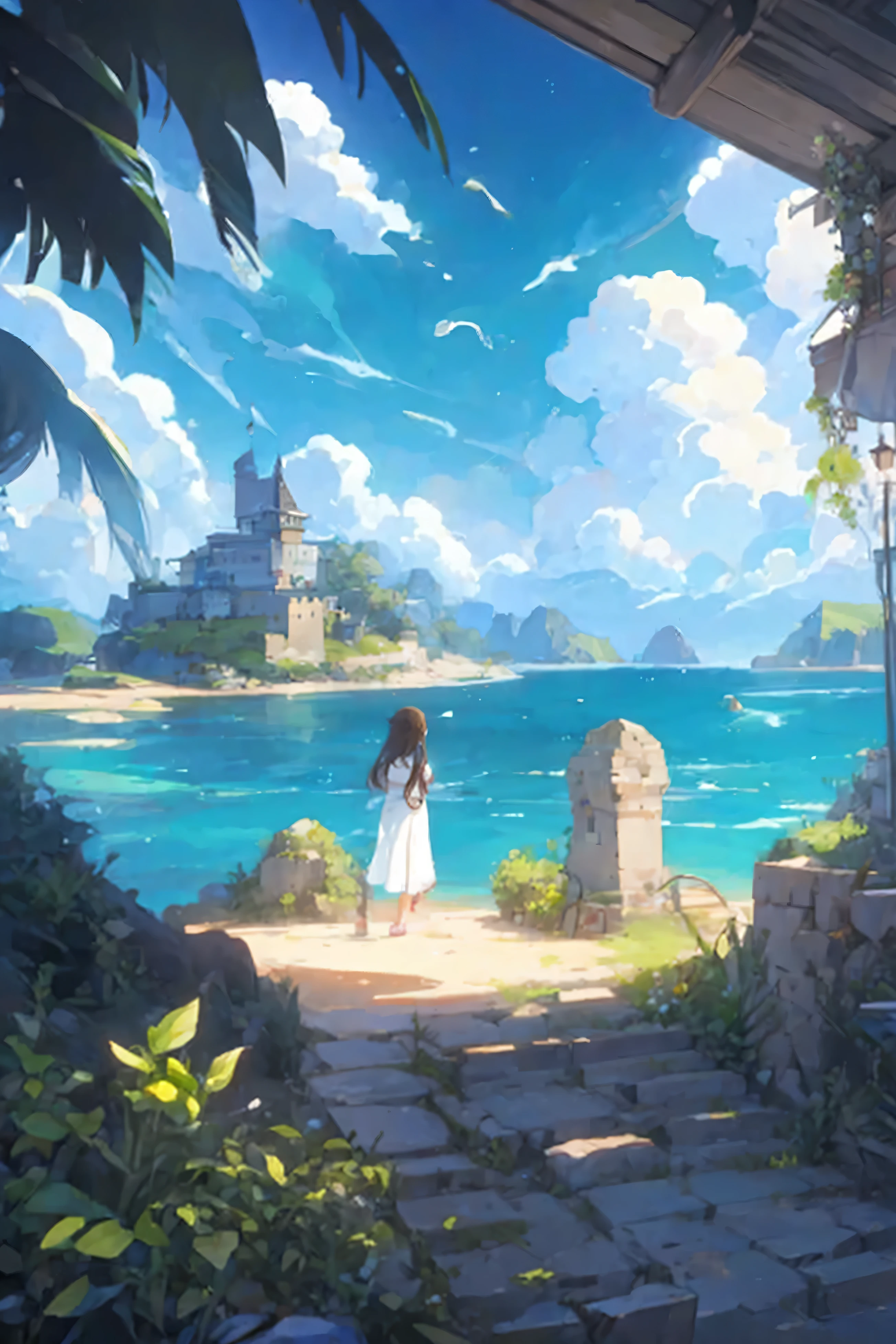 (masterpiece, Highest quality), sea float island , Mysterious Island ,ancient castle, (1animegirl)