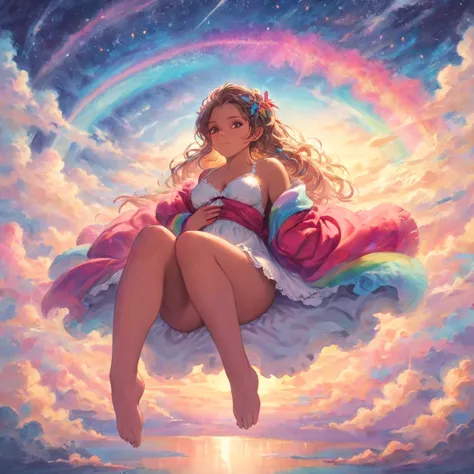 A stunningly woman, surrounded by a dazzling array of rainbow hues and stardust, reclines gracefully amidst the fluffy clouds in...
