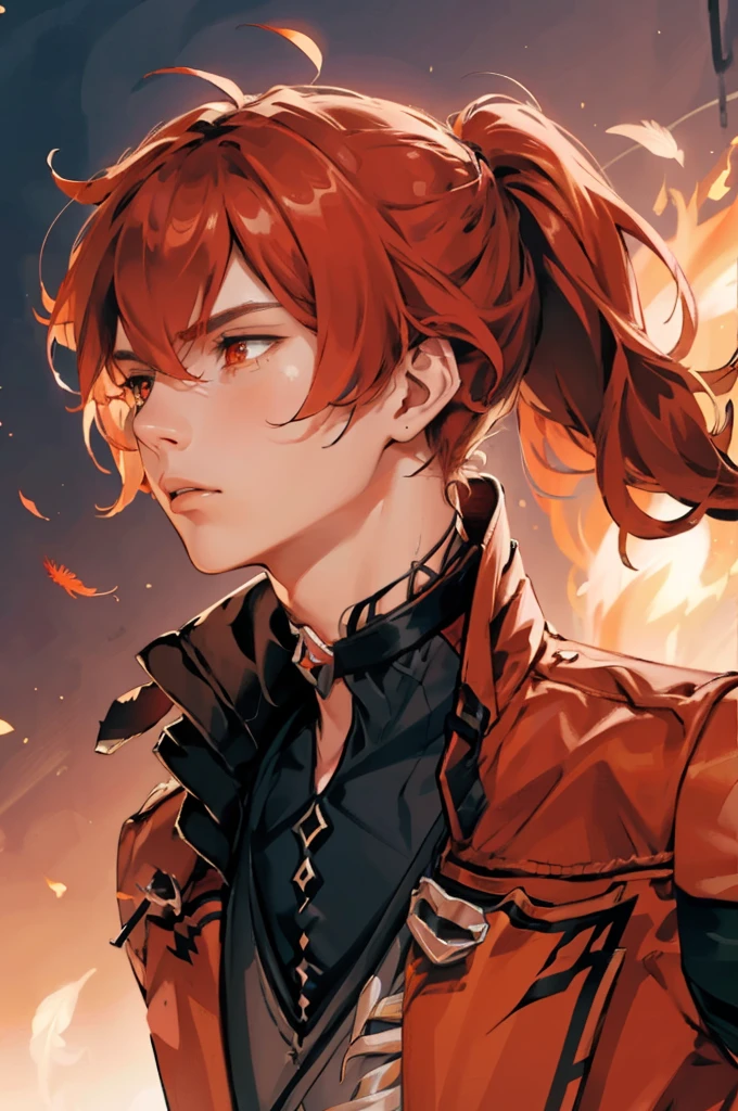 (masterpiece, best quality), 1 male, mature, aged up:1.4, tall muscular guy, broad shoulders, finely detailed eyes and detailed face, extremely detailed CG unity 8k wallpaper, intricate details, Fantasy, red hair, red flowers background,diluc (genshin impact), red eyes, ((red and orange bird feathers made of fire flying around him, lots of fire feathers)), red leather jacket, black collar, high ponytail red hair ((((flying red feathers))))