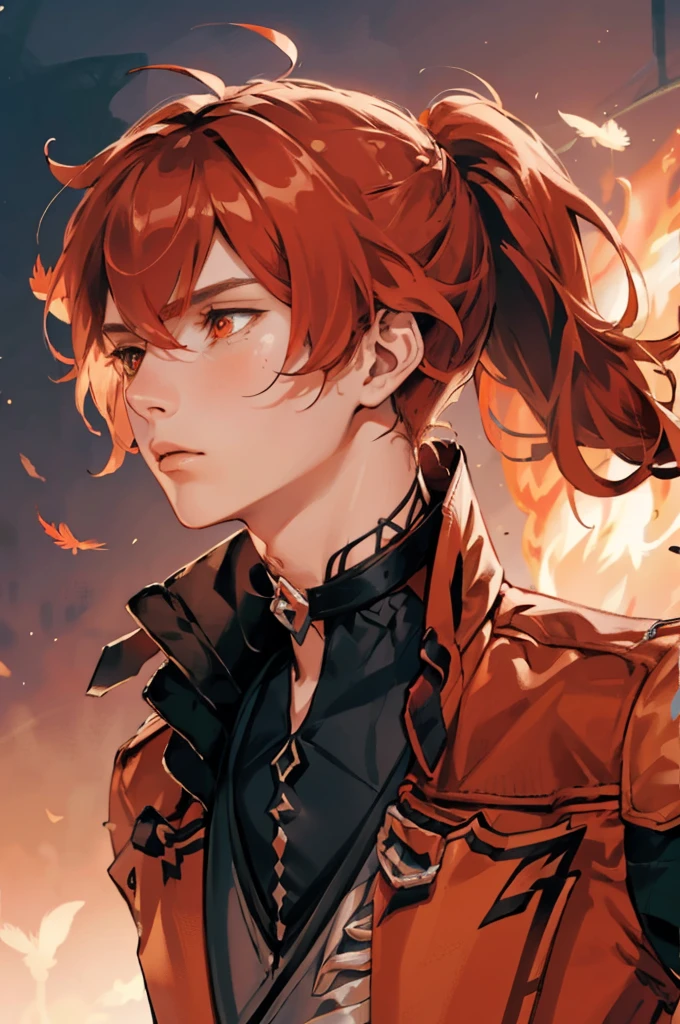 (masterpiece, best quality), 1 male, mature, aged up:1.4, tall muscular guy, broad shoulders, finely detailed eyes and detailed face, extremely detailed CG unity 8k wallpaper, intricate details, Fantasy, red hair, red flowers background,diluc (genshin impact), red eyes, ((red and orange bird feathers made of fire flying around him, lots of fire feathers)), red leather jacket, black collar, high ponytail red hair ((((flying red feathers))))