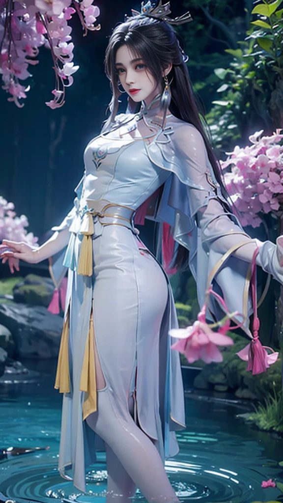 The painting depicts a woman in a uncovered part of her butt small blue dress standing in a pool of water, Beautiful character painting, ((Beautiful fantasy queen)), bovo art style, closeup fantasy with water magic, Artwork in the style of Guweiz, Inspired by Chen Yifei, Ethereal Beauty, Beautiful fantasy queen, Inspired by Zhang Yan, palace ， girl wearing translucently small hanfu