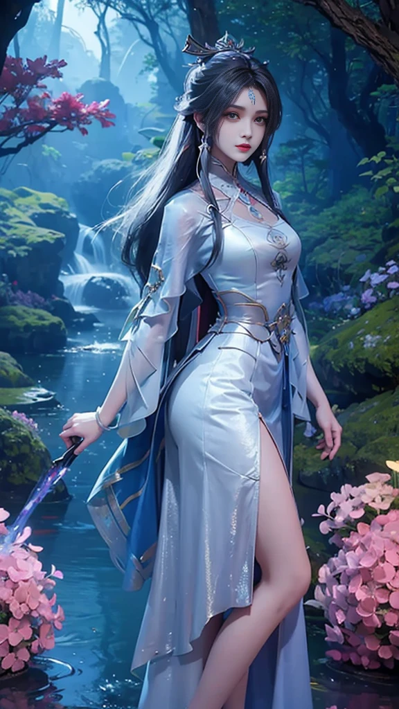 The painting depicts a woman in a uncovered part of her butt small blue dress standing in a pool of water, Beautiful character painting, ((Beautiful fantasy queen)), bovo art style, closeup fantasy with water magic, Artwork in the style of Guweiz, Inspired by Chen Yifei, Ethereal Beauty, Beautiful fantasy queen, Inspired by Zhang Yan, palace ， girl wearing translucently small hanfu