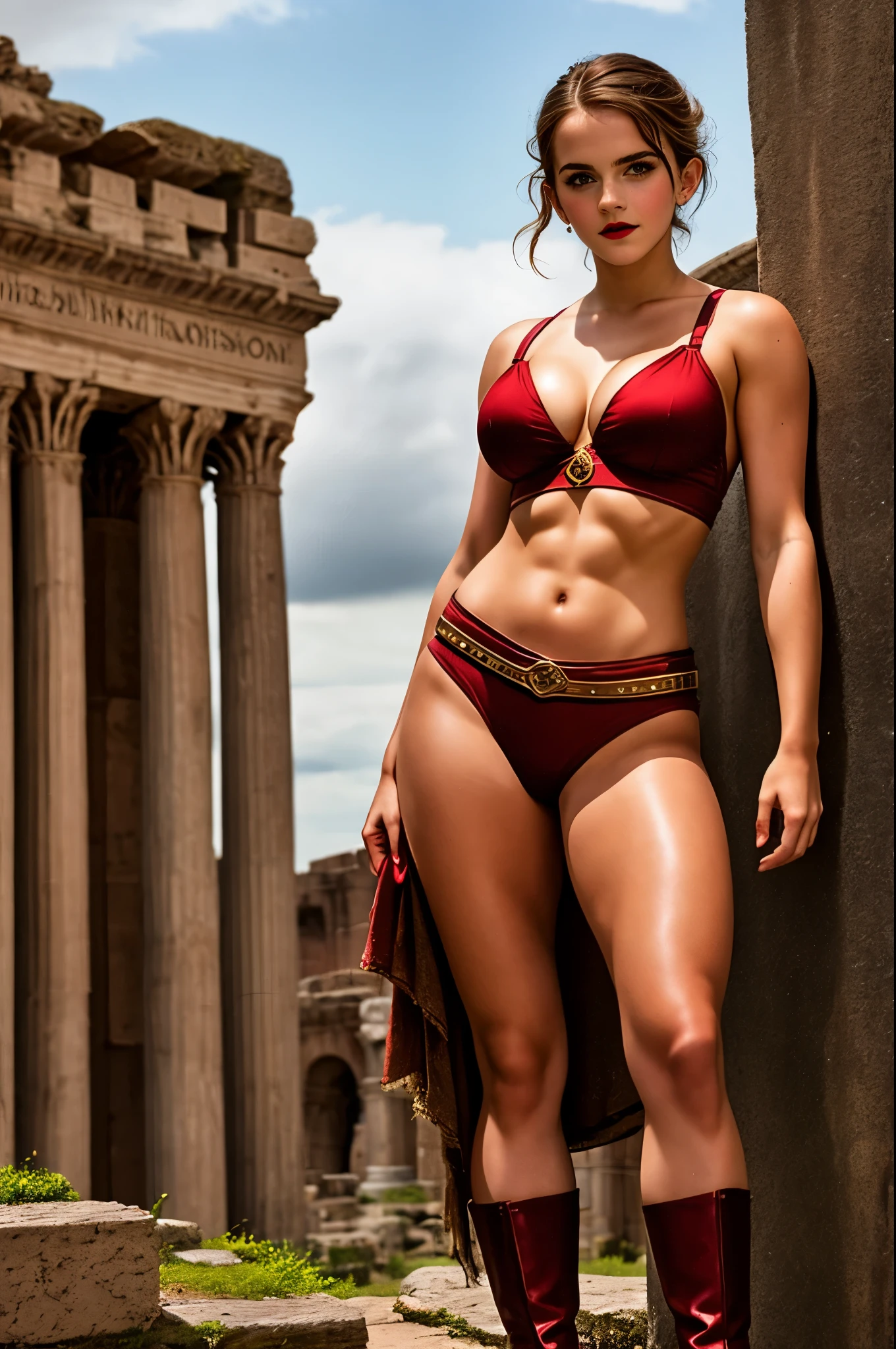 Detailed HDR photography. Young muscular Emma Watson, 25 years old as a Roman gladiator. Large breasts. Full length. Dark red lipstick. Skimpy Armour. Powerful. Consciously showing off her beautiful thighs