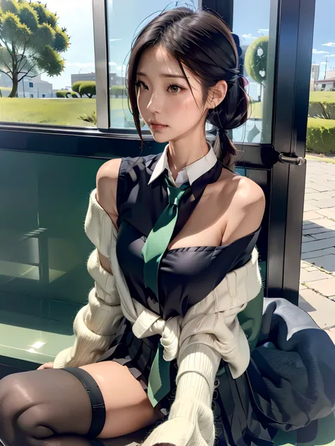 40-year-old japanese woman、black hair、the hair is very short、twin tails、hatsunemikudefaultcostumelora, cosplay, black skirt, det...