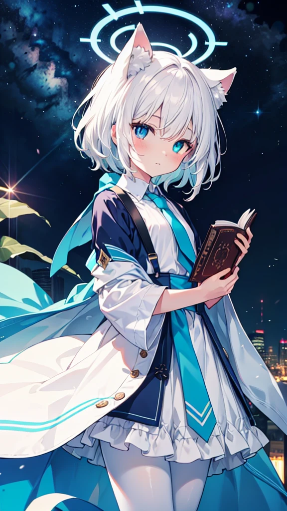 White pantyhose，White hair，wistful look，Long hair，Cat ear，Heterochromia（Left blue right yellow），Female face，There are bright spots in the eyes，flat chest，blue halo，Day and night mix，Fly in the sky，Starry Sky，Blue tie，Holding a book with a blue cover，dress，Suspenders，White Cape，Light，Background in the sky，High viewing angle