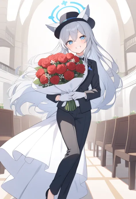 girl，silver long hair, blue eyes, wear a black suit,black hat，with a black bow, white gloves, and black trousers, in the wedding...