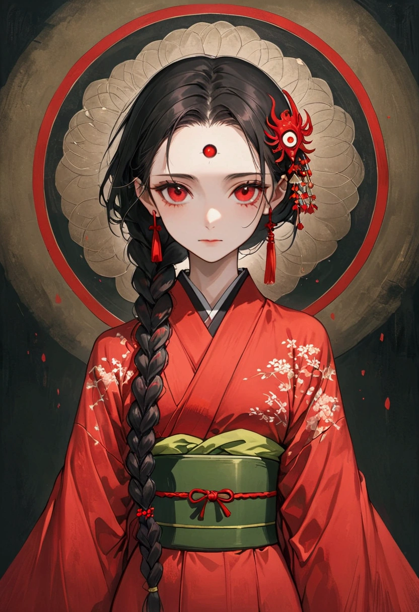 (((1 Girl，Double braid，solo，third red eye on the forehead，))),(((Gorgeous Japanese red kimono：1.6，Eye Diagram，dark pattern))).(((Thin waist，Greenbelt：1.37)))whole body