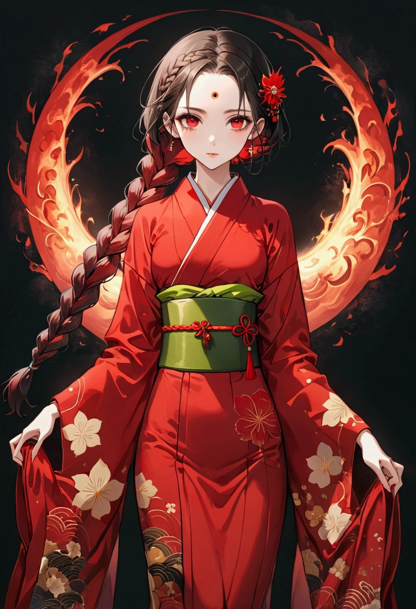 (((1 Girl，Double braid，solo，third red eye on the forehead，))),(((Gorgeous Japanese red kimono：1.6，Eye Diagram，dark pattern))).(((Thin waist，Greenbelt：1.37)))whole body