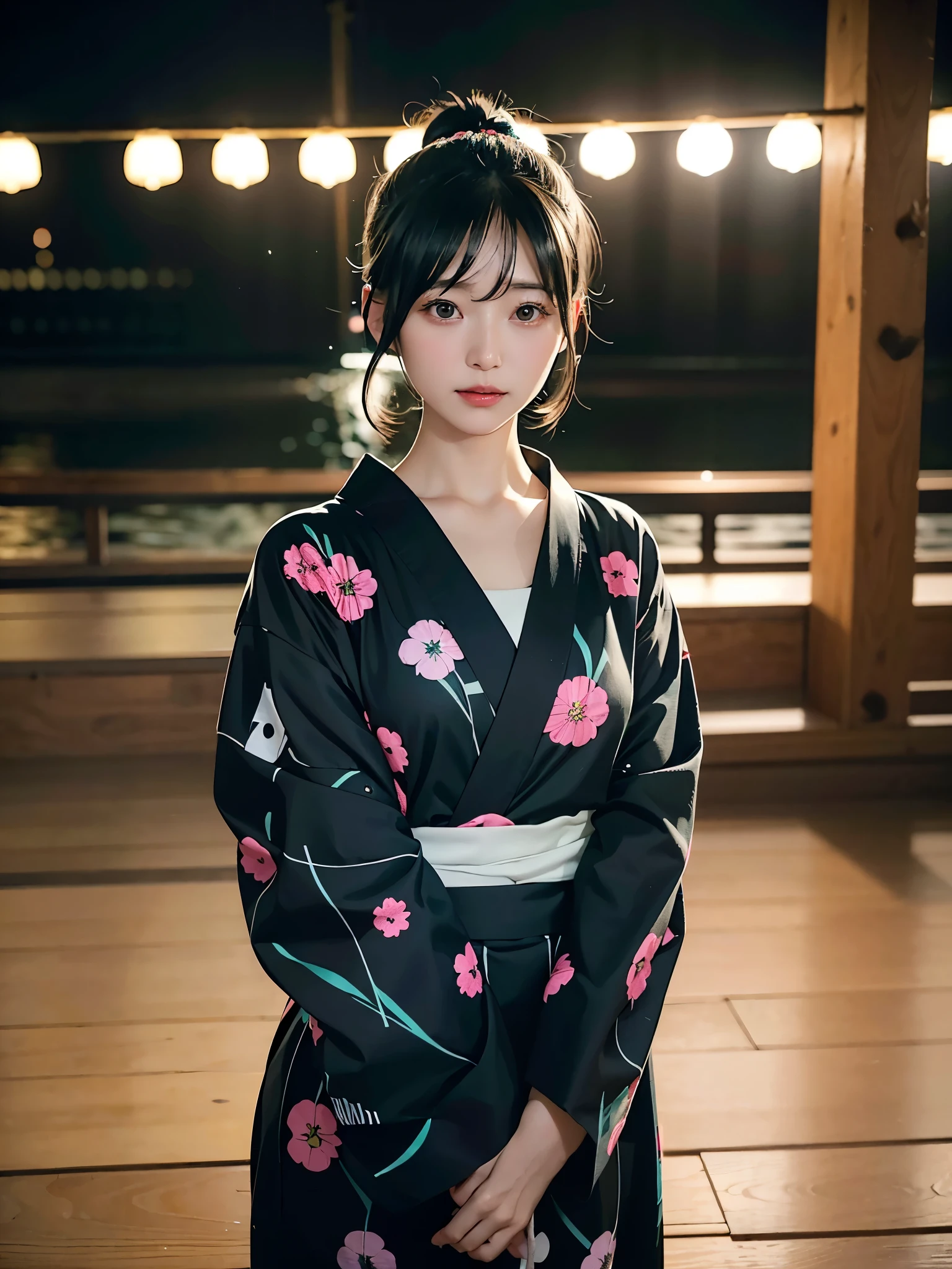 Mulher japonesa de 40 anos、Cabelo preto、O cabelo é muito curto、Caudas duplas、Roupa de Hatsune Miku、fones de ouvido、Peito plano、realista photos、realista、Qualidade 8k、alto、sem franja、fogo de artifício、yukata