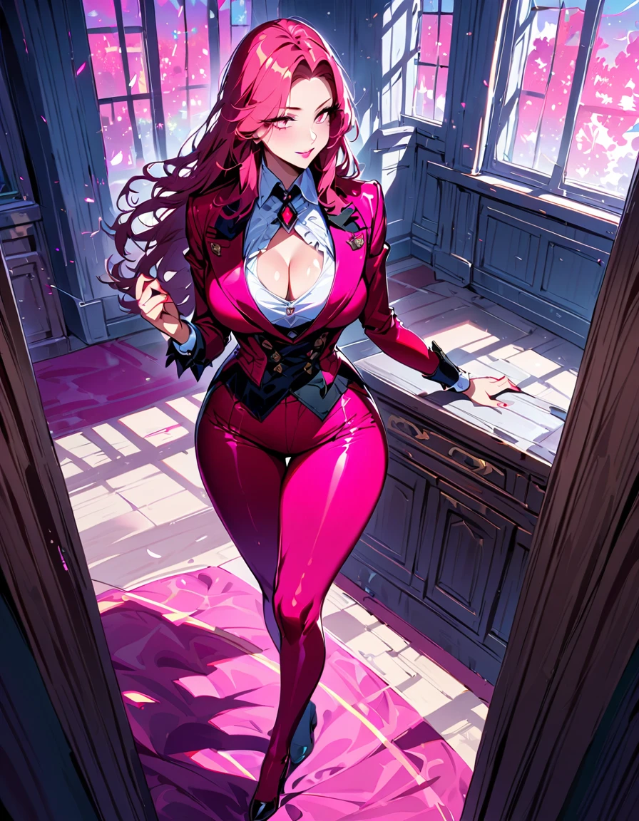 Young beautiful woman,(Highest quality,Extremely detailed depiction,Incredibly absurd high resolution,Anatomically accurate depiction,Curvy Legs),(Glowing Skin,Shiny skin),(Royal suit,Butler-style outfit,Tight fit),eyelash,Flashy makeup,eye shadow,Glowing pink eyes,There is cleavage in the chest,Glossy Lips,Shadowed face,A seductive smile,whole body,Standing posture,background:Rooms,From above:1.1,