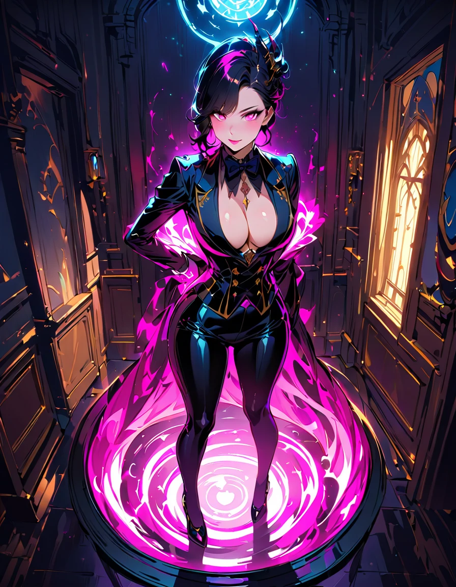 Young beautiful woman,(Highest quality,Extremely detailed depiction,Incredibly absurd high resolution,Anatomically accurate depiction,Curvy Legs),(Glowing Skin,Shiny skin),(Royal suit,Butler-style outfit,Tight fit),eyelash,Flashy makeup,eye shadow,Glowing pink eyes,There is cleavage in the chest,Glossy Lips,Shadowed face,A seductive smile,whole body,Standing posture,background:Rooms,From above:1.1,