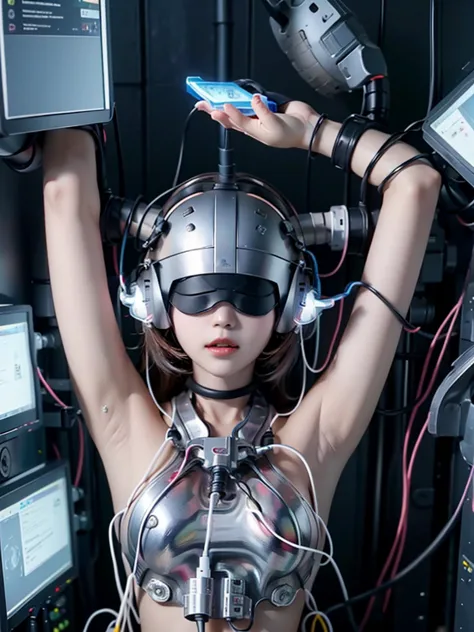 1 girl, whole body, a large metal helmet on the head hiding the hair and hiding the eyes, tubes, wires, she gets electrocuted, b...