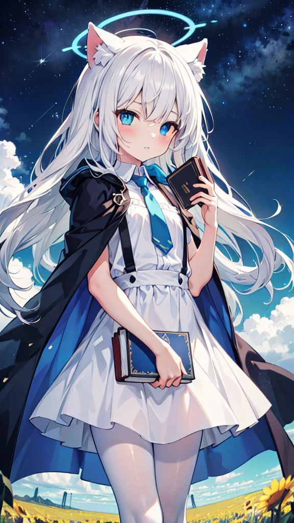 White pantyhose，White hair，wistful look，Long hair，Cat ear，Heterochromia（Left blue right yellow），Female face，There are bright spots in the eyes，flat chest，blue halo，Day and night mix，field，Starry Sky，Blue tie，Holding a book with a blue cover，dress，Suspenders，White Cape，Light，Background in the sky，，tie hair，A flowing cape