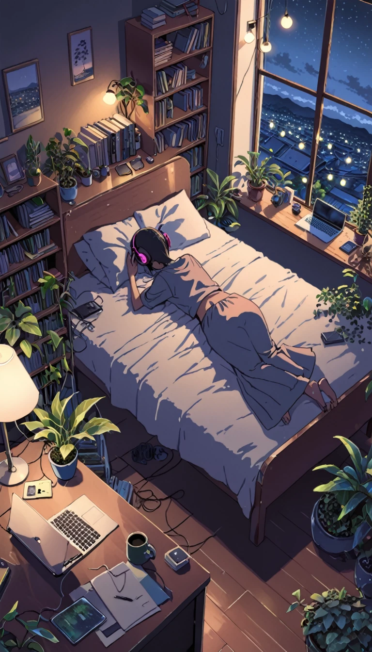 ((anime:1.4,illustration)),(masterpiece, top quality, best quality),(ultra-detailed, absolutely resolution),((16k, high res)). BREAK {lofi art, style of Laurie Greasley, style of Makoto Shinkai, anime aesthetic} BREAK {illustration of A girl is lying on a bed in a room, she is listening to music on headphones and touching a cell phone, outside the window is dark with lights of the town, there are plants and a bookshelf in the room, a laptop on a desk, miscellaneous room.}