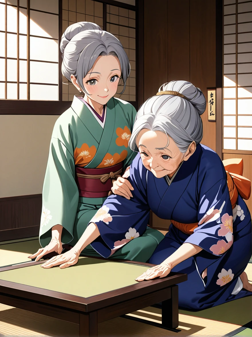 Luxurious Japanese inn guest rooms with tatami flooring, A small square desk and an old wooden chair sit on the wide edge., ((old woman)), (grandmother:1.3), (elder:1.4), (thin), ((Saggy cheeks)), ((Wrinkled skin:1.1)), (Kind personality), Iris, Gray Hair, Medium Hair, Hair Bun, (bent at the waist:1.2), (low length), (70 years old), kimono, seiza,  Smile politely, ((masterpiece:1.1)), 8k, (Highly detailed and beautiful backgrounds), ((Ultra-precise depiction)), ((Super high-definition description)), (beautiful), (Professional illustrations:1.1)