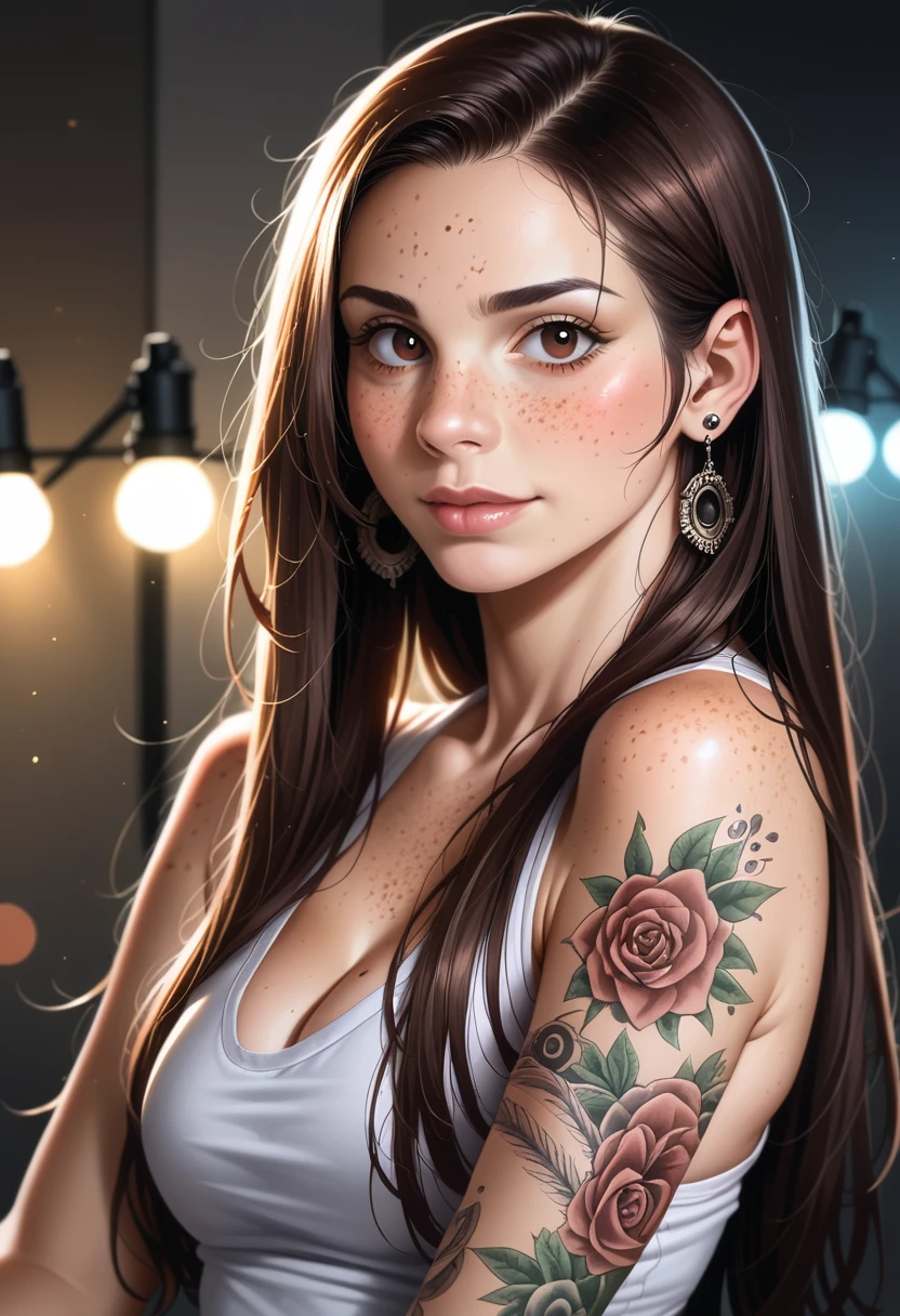 (GeGe:1.9), (woman), (brunette), (brown eyes), (freckles:1.4), score_9, score_8_up, score_7_up, score_6_up, 8k, very detailed, high detailed texture, depth of field:1.3), volumetric lighting, photo, realistic, photorealistic, a sexy woman with beautiful tattoos on her arms and legs posing near lights and a camera, 1girl, tattoo, solo, long hair, jewelry, arm tattoo, hair, looking at viewer, earrings, piercing, 