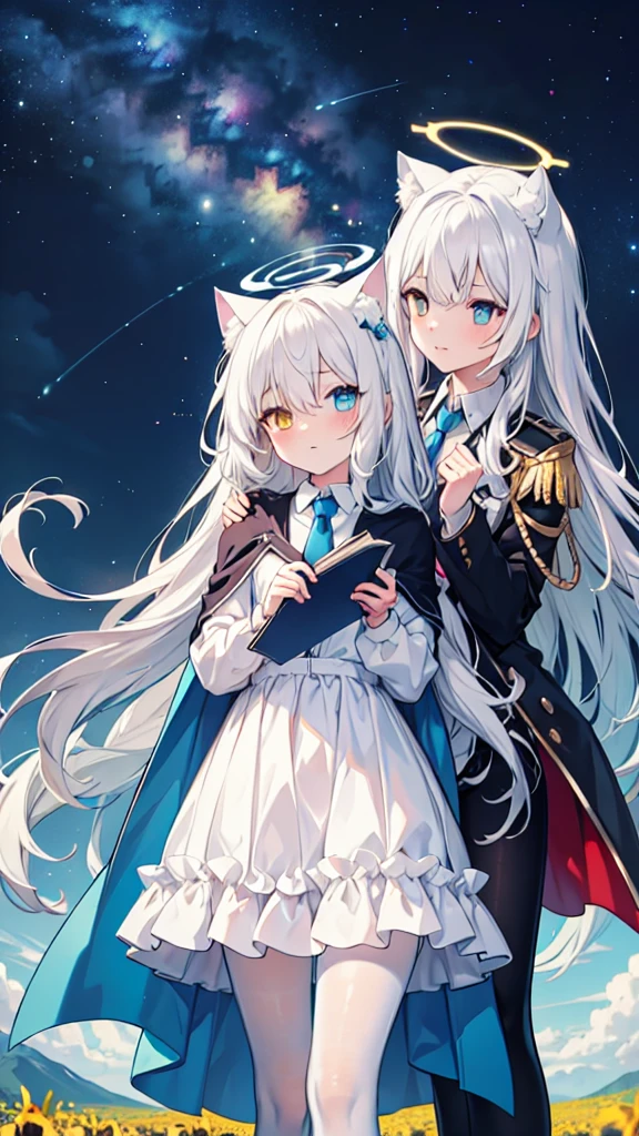 White pantyhose，White hair，wistful look，Long hair，Cat ear，Heterochromia（Left blue right yellow），Female face，There are bright spots in the eyes，flat chest，blue halo，Day and night mix，field，Starry Sky，Blue tie，Holding a book with a blue cover，dress，Suspenders，White Cape，Light，Background in the sky，，tie hair，A flowing cape