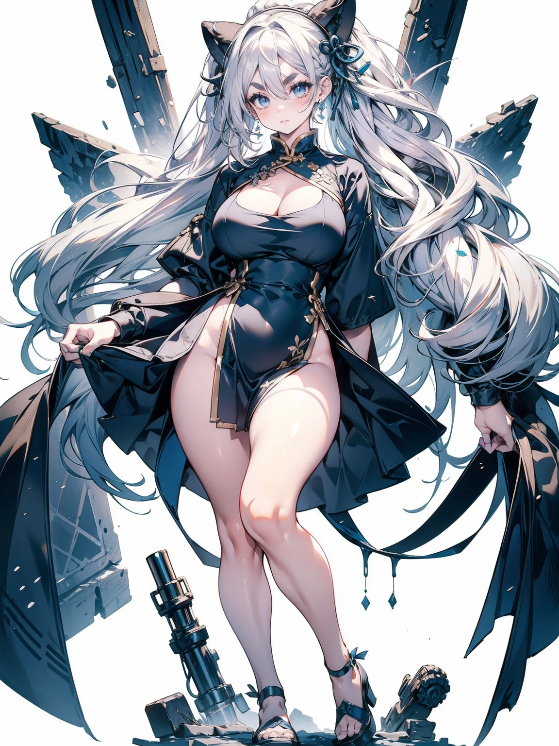  Focus on shoes, (White Hair Girl), (Thick, dark blue eyebrows:1.4), (Dark blue eyebrows:1.7), (Thick eyebrows:1.3), (Huge black fluffy animal ears:1.1), (Black animal ears:1.1), BREAK, (((China dress))),BREAK, (Big Breasts:1.2, Thick legs, Adult female body, Sturdy body:1.2),  (sharp eyes, Ultra-high definition CG, Precisely designed costumes, 4K, 8k, Ultra-high definition CG, Precisely designed costumes, Clear lines, Expressive and Captivating Eyes, Fine Details and Realistic Textures, cinematic lighting), ((white background)), BREAK,  (過剰なRuggedThick soleブーツを履いています:1.2), (Thick sole:1.5), (Big shoes:1.3), BREAK,