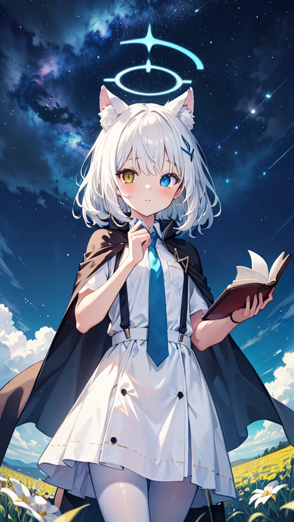 White pantyhose，White hair，wistful look，Long hair，Cat ear，Heterochromia（Left blue right yellow），Female face，There are bright spots in the eyes，flat chest，blue halo，Day and night mix，field，Starry Sky，Blue tie，Holding a book with a blue cover，dress，Suspenders，White Cape，Light，Background in the sky，，tie hair，A flowing cape