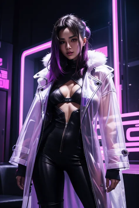 cyberpunk, woman, medium breast, cyberpunk party with neon light display in background, transparent coat with skin visible under...