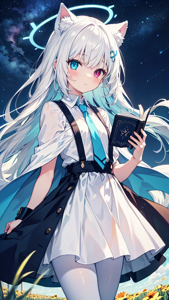 White pantyhose，White hair，wistful look，Long hair，Cat ear，Heterochromia（Left blue right yellow），Female face，There are bright spots in the eyes，flat chest，blue halo，Day and night mix，field，Starry Sky，Blue tie，Holding a book with a blue cover，dress，Suspenders，White Cape，Light，Background in the sky，，tie hair，A flowing cape