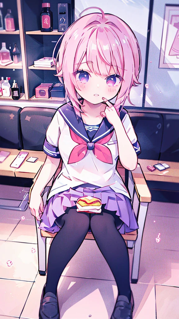 1girl,pink hair, pink eyes with love, detailed eyes, straight hair, straight bangs, shiny hair,
,red bowtie,purple skirt,purple shirt,pleated skirt,short sleeves,looking at viewer, high-definition,masterpiece,best quality, masterpiece, best quality, high resolution, aabeta, double, standing, slim waist, cute, sailor uniform, while eating on mcdonalds, sitting on a chair and table in front and mcdonalds food in the table (PastelColors: 1.3)