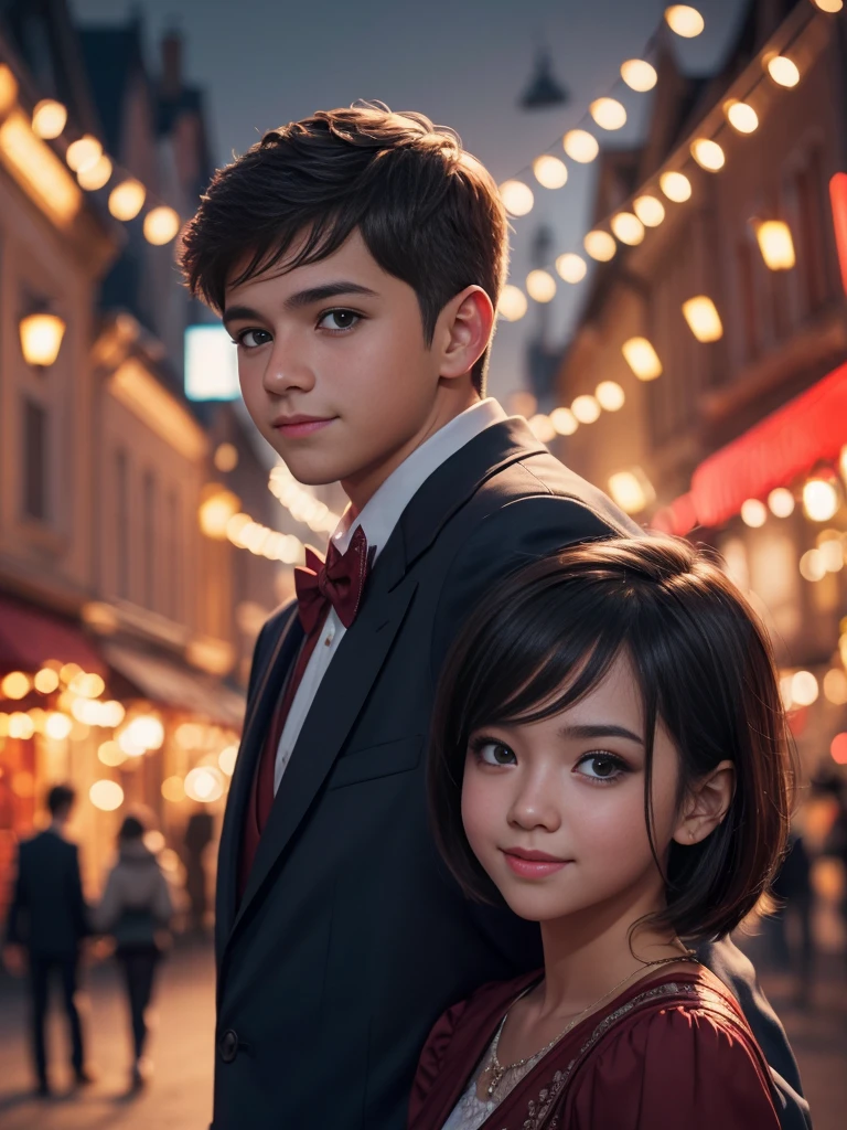 Illustrate a close up charming scene of a cute couple ((1 boy, 1 girl)) enjoying a delightful night out at an enchanting street, 16k resolution, UHD, ((background blur:1.7)) , bokeh, ((red hue:0.9)), ISO:200,