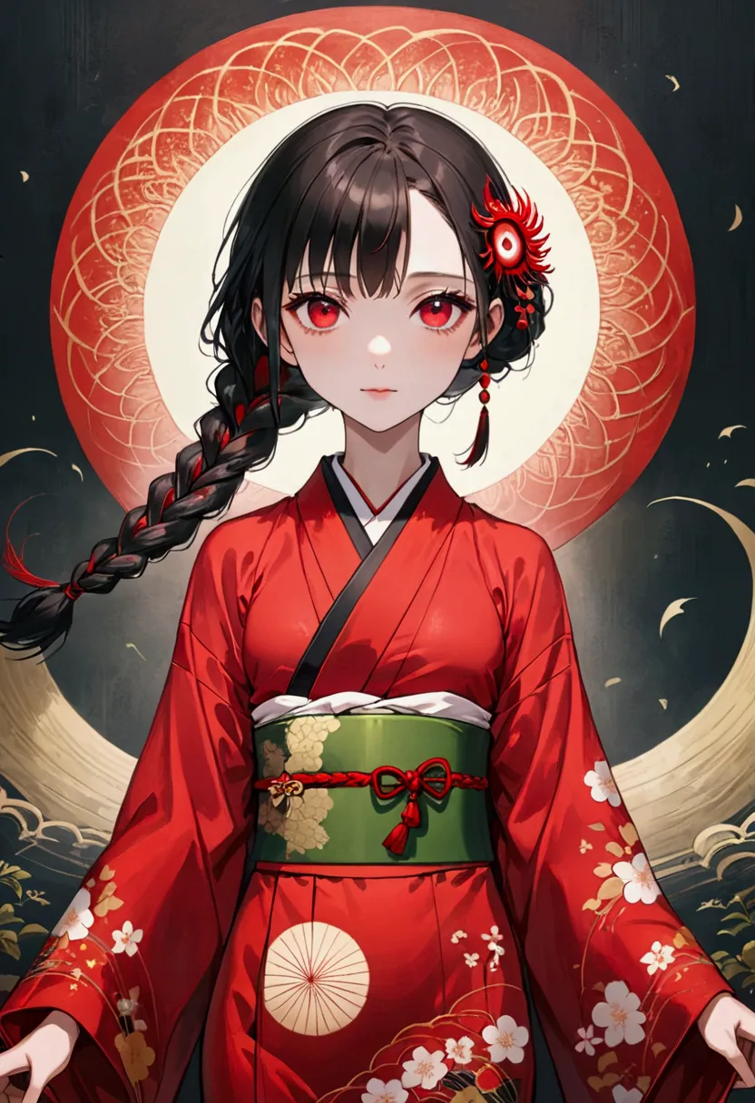 (((1 girl，double braid，solo，third red eye on the forehead，))),(((gorgeous japanese red kimono：1.6，eye diagram，dark pattern))).((...